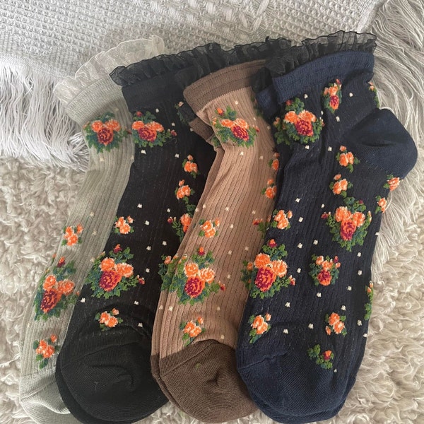 Sheer floral combed cotton socks with lace ruffle, socks in a box, luxury socks, combed cotton socks, unique socks, summer socks, posh socks