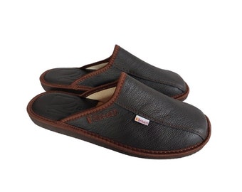 Brown leather men's home slippers from Bosaco, natural