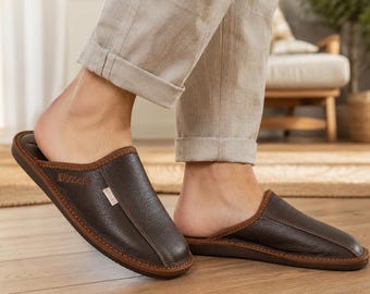 Brown leather men's home slippers from Bosaco, natural