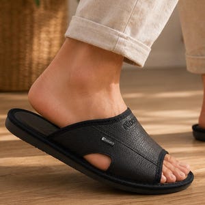 Men's Handmade Leather Open Toe Slippers – Comfortable Indoor House Shoes