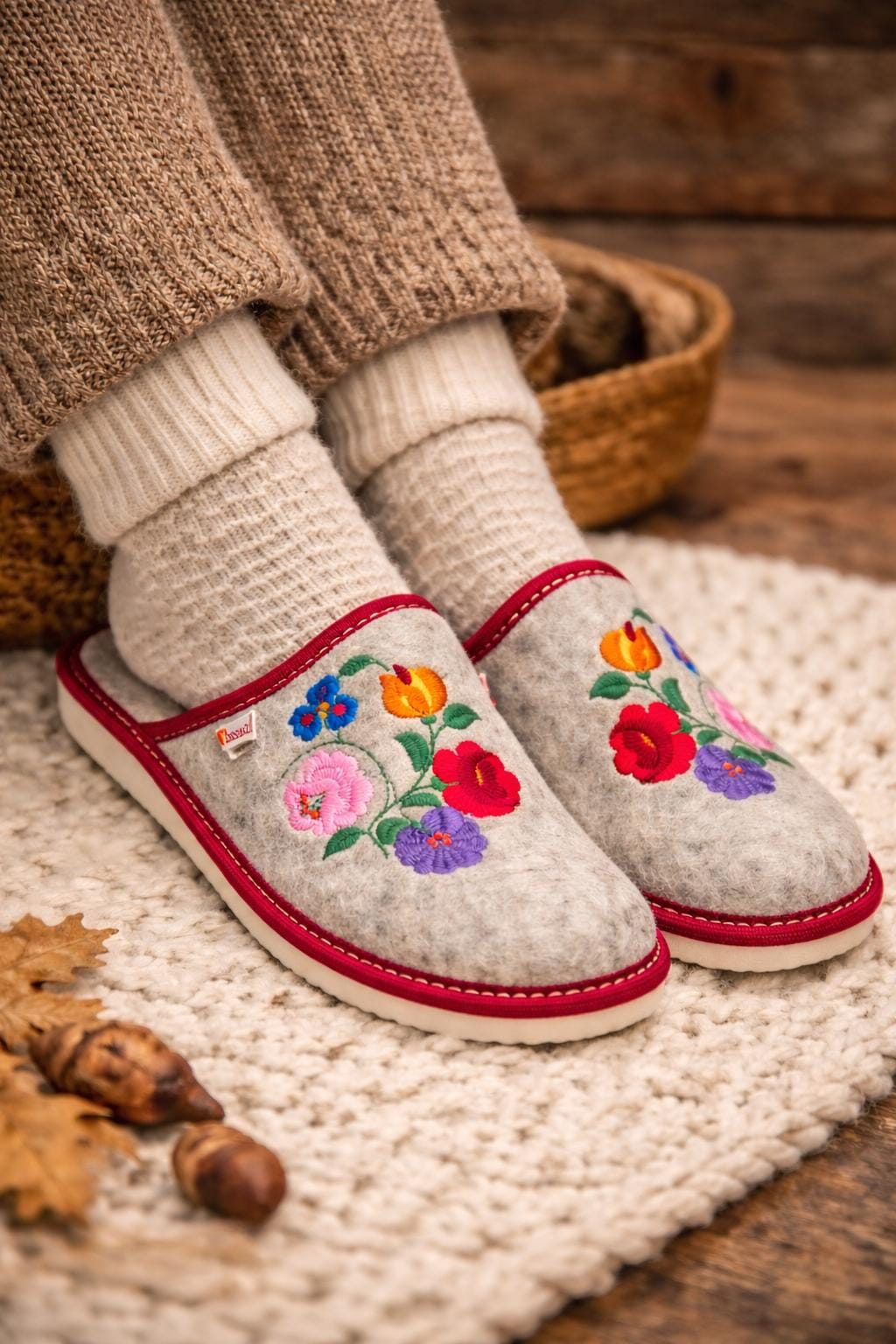 Wool Felt Slippers: Beige Embroidered Flower, Women's Cozy Shoes