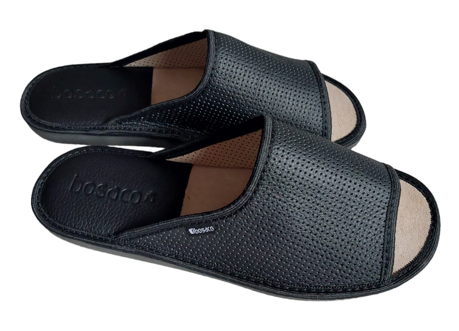 Cozy Leather Slip-on House Slippers for Men in Black Leather and Open ...