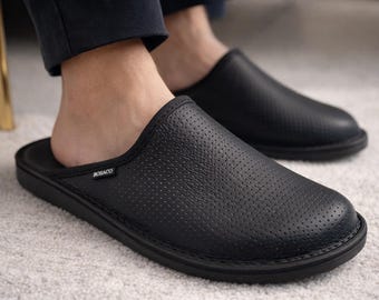 Men's Black Genuine Leather Breathable Slippers, Slip-On Indoor Home Shoes