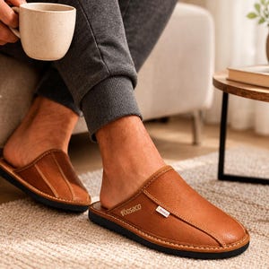 Handmade men's leather slippers - slip-on house shoes image 1