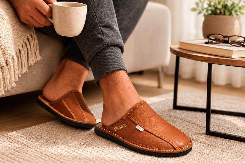 Handmade men's leather slippers - slip-on house shoes image 1
