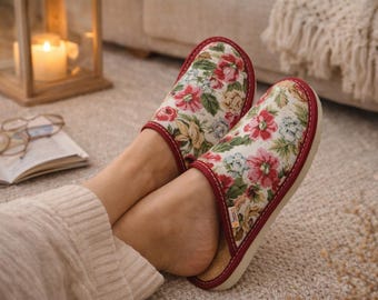 Pantofole in lino floreale: soletta in sughero, comode calzature da interno