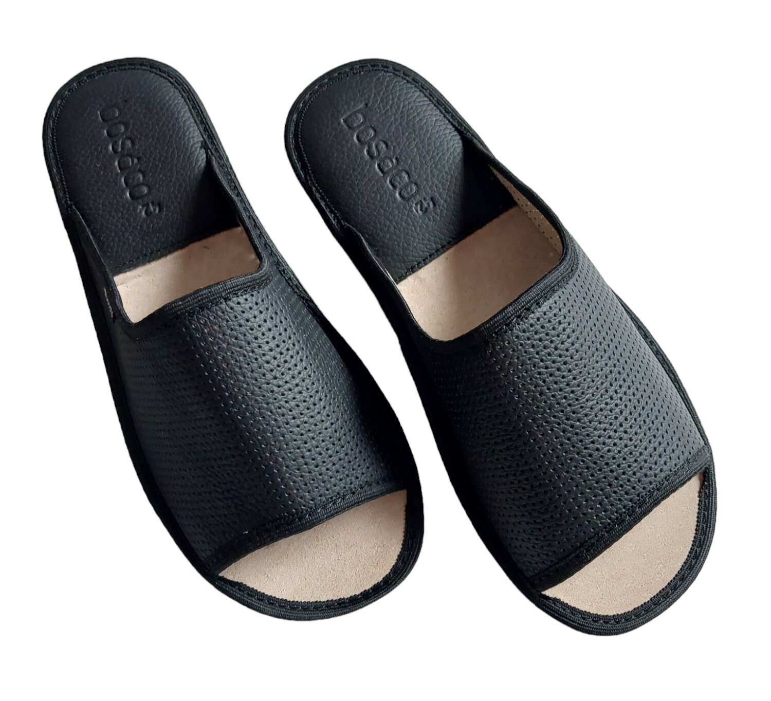 Cozy Leather Slip-on House Slippers for Men in Black Leather and Open ...
