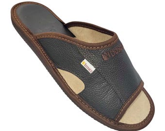 Men's summer open flip flops, brown, natural leather, Bosaco slippers, exclusive home shoes