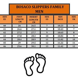 May include: A Bosaco Slippers Family size chart for footwear, featuring an orange header and a table with columns for EU size, foot length in cm, insert length in cm, US size, size in inches, and UK size, with a black outline of two feet below.
