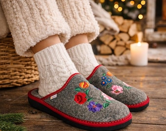 Embroidered wool felt slippers: Merino wool warmth, non-slip EVA sole