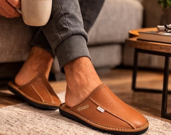 Handmade men's leather slippers - slip-on house shoes