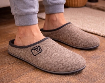 Men's Handmade Wool Slippers, Warm House Shoes, Non Slip Felt Sole, Gift for Him