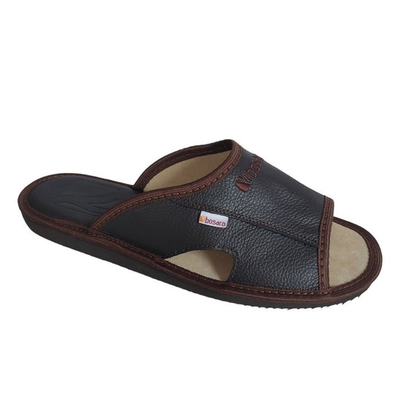 Stylish Men s Brown Leather Open Toe Slip on Home Slippers Etsy UK