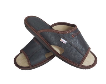 Men's summer open flip flops, brown, natural leather, Bosaco slippers, exclusive home shoes