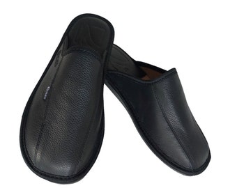 Men's covered slippers, black, natural leather, for a gift, comfortable for a man, summer slippers for Him, Bosaco