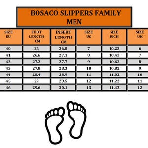 May include: A chart for men's slipper sizes, with measurements in centimeters and inches. The chart includes EU, US, and UK sizes, along with foot and insert length measurements. The text at the top reads "BOSACO SLIPPERS FAMILY MEN".