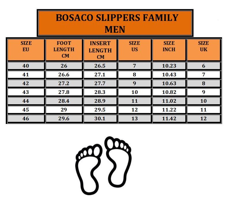 May include: A chart for men's slipper sizes, with measurements in centimeters and inches. The chart includes EU, US, and UK sizes, along with foot and insert length measurements. The text at the top reads "BOSACO SLIPPERS FAMILY MEN".