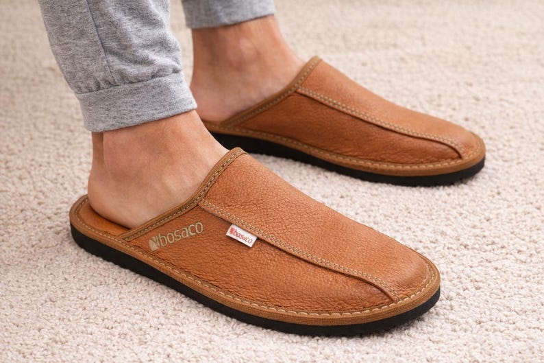 Handmade men's leather slippers - slip-on house shoes image 3