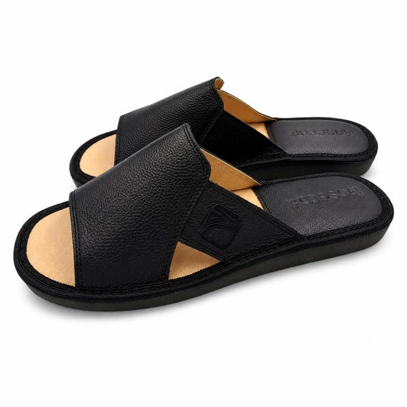 Men's leather slippers, wide house slippers, open-toe flip flops by Bosaco.