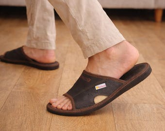Chanclas abiertas de verano para hombre, color marrón, piel natural, zapatillas Bosaco, zapatillas exclusivas para estar por casa