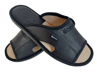 Bosaco leather flip-flops, open black, comfortable, exclusive slippers