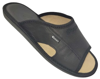 Mens Leather Slippers Black Open Toes, House Slip-ons, Indoor