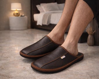 Brown leather men's home slippers from Bosaco, natural
