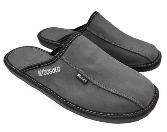 Men's Graphite Leather Slippers: Handmade Closed Toe House Shoes
