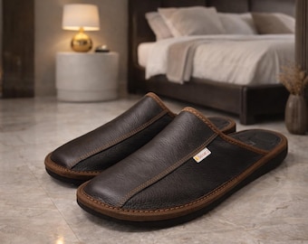 Men's Brown Leather Slippers: Comfortable Home Lounge Shoes