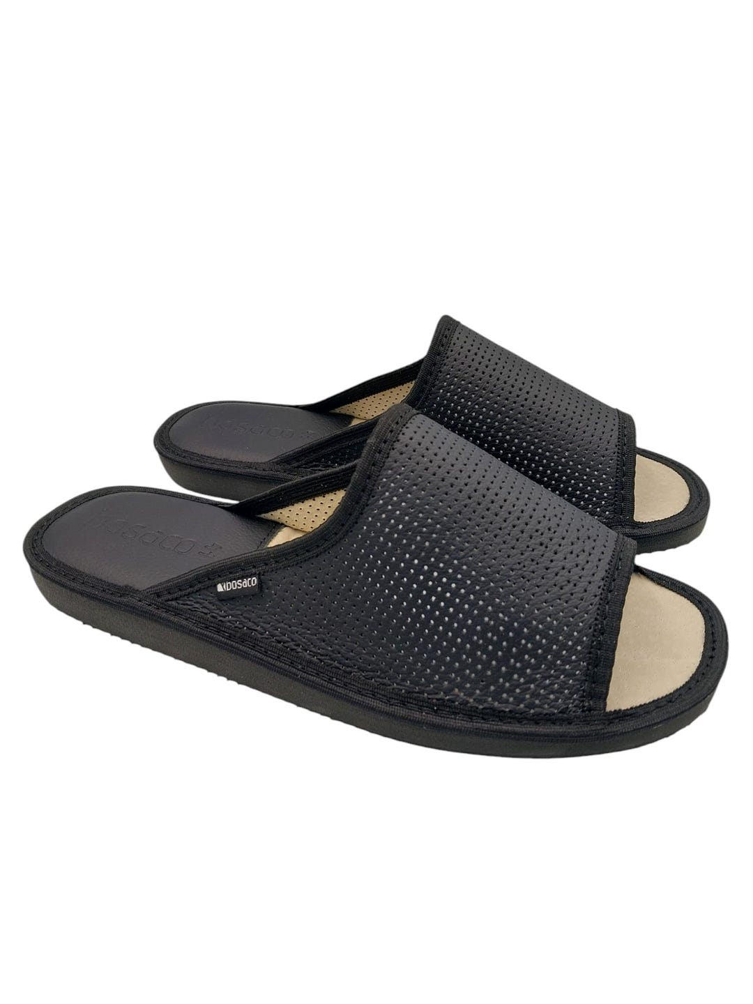 Cozy Leather Slip-on House Slippers for Men in Black Leather and Open ...