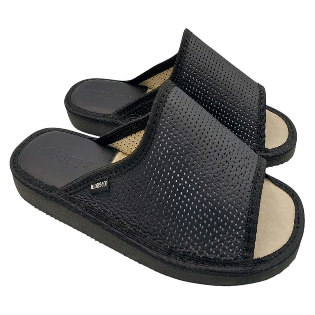 Cozy Leather Slip-on House Slippers for Men in Black Leather and Open ...