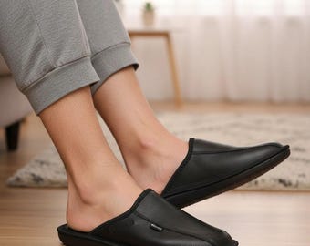 Men's Black Leather Slippers: Elegant Closed Toe Home Shoes
