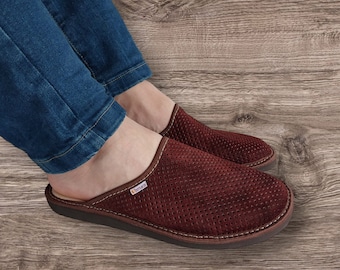 Brown Suede Leather Slippers: Elegant Slip-On House Shoes