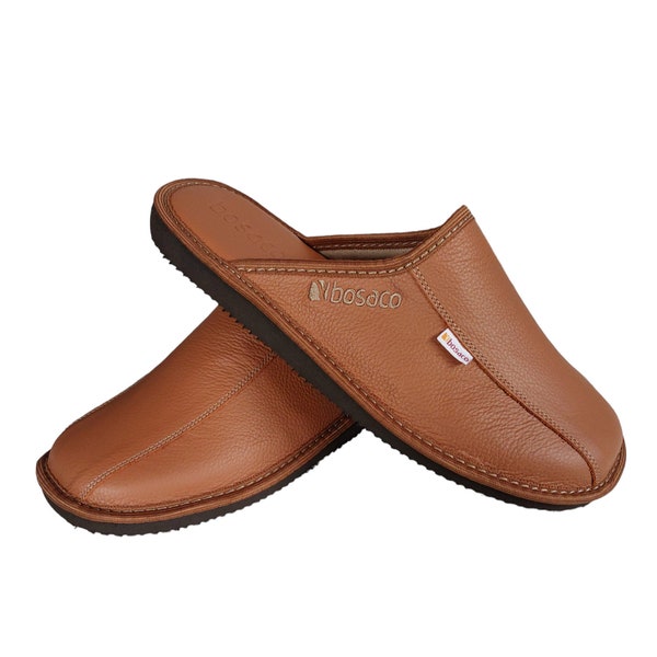 Pantoufles en cuir pour hommes sur caoutchouc, chaussons à enfiler, chaussures pour la maison, chaussons pour hommes en cuir naturel, cadeau pour homme, fait main Bosaco