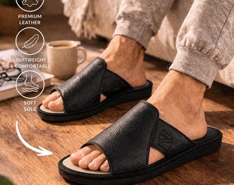 Men's leather slippers, wide house slippers, open-toe flip flops by Bosaco.