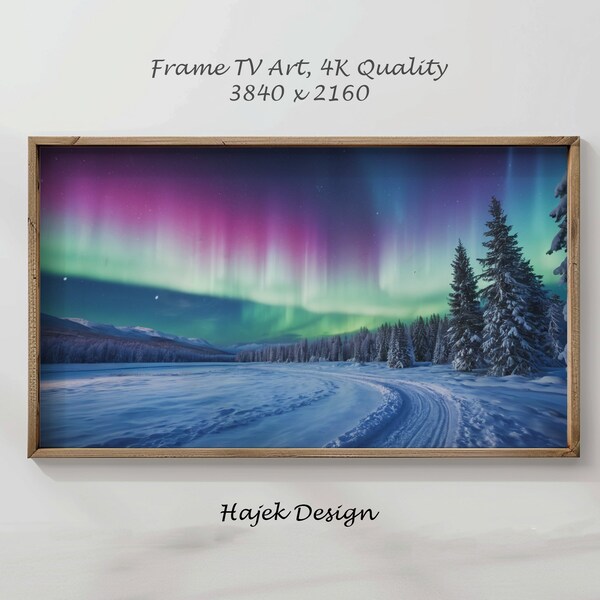 Samsung Frame TV Art, Winter Snowy Landscape, Pine Forest, Polar Lights, Digital Download For Frame TV