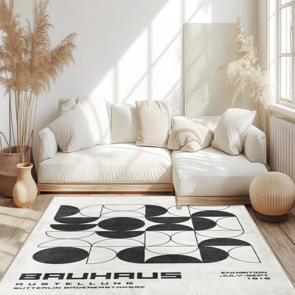 Black and White Bauhaus Anti Slip Rug, Colorful Circle Rug, Trendy Art Rugs, Bauhaus Rug, Washable Rug, Unique Design Rug, Bauhaus Area Rug