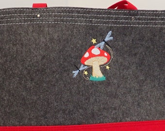 Embroidered Red Felt Tote with Mushroom & Dragonflies