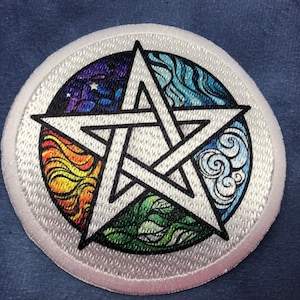 May include: White embroidered patch with a five-pointed star in the center. The star is surrounded by five sections, each with a different color and design: purple with stars, orange with flames, blue with waves, green with leaves, and light blue with clouds.