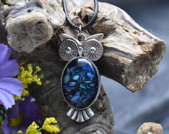 Colorful spotted owl pendant on cord necklace