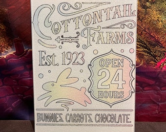 Cottontail Farms Open 24 hours, Easter Bunny themed Small Glass Cutting Board, pastel pink and blue