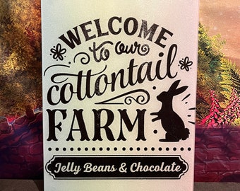 Welcome to our Cottontail Farm, Easter Bunny themed Large Glass Cutting Board, black and white