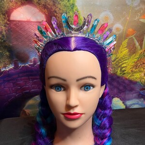 Resin crown with real flowers, inspired by the colors of the bi-flag, w/ blue wire and black moon accent, comes with a metal headband image 2