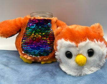 Orange Owl stash jar plush, with rainbow or silver sequins, upcycled stuffed animal, glass jar with size options and twist on metal lid