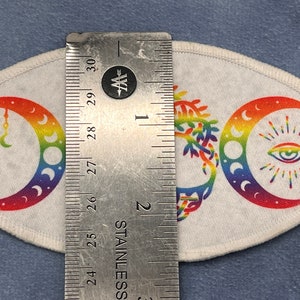 Triple Moon Rainbow patch, iron or sew on, 4.5x2.5, tree of life, stars and moons phases, all seeing eye image 3