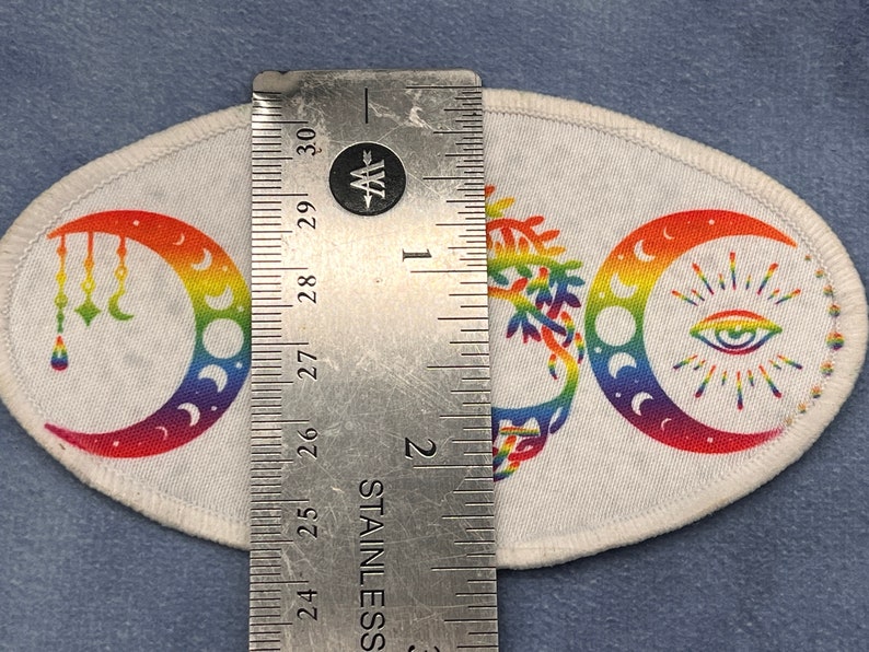 Triple Moon Rainbow patch, iron or sew on, 4.5x2.5, tree of life, stars and moons phases, all seeing eye image 3