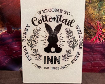 Cottontail Inn, Easter Bunny themed Small Glass Cutting Board, pastel pink and blue