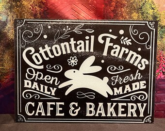 Cottontail Farms Cafe & Bakery, Easter Bunny themed Large Glass Cutting Board, black and white