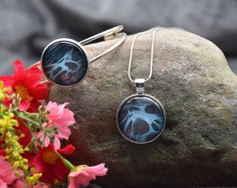 Black & blue abstract painted moon necklace and bracelet
