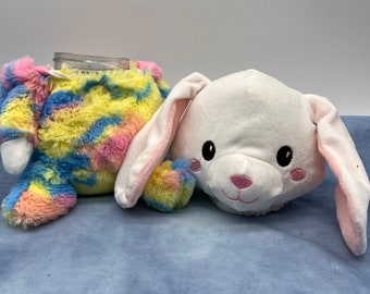 Rabbit in unicorn pj's stash jar plush, white bun in pastel rainbow pajamas, upcycled stuffed animal, 4oz glass jar with twist on metal lid